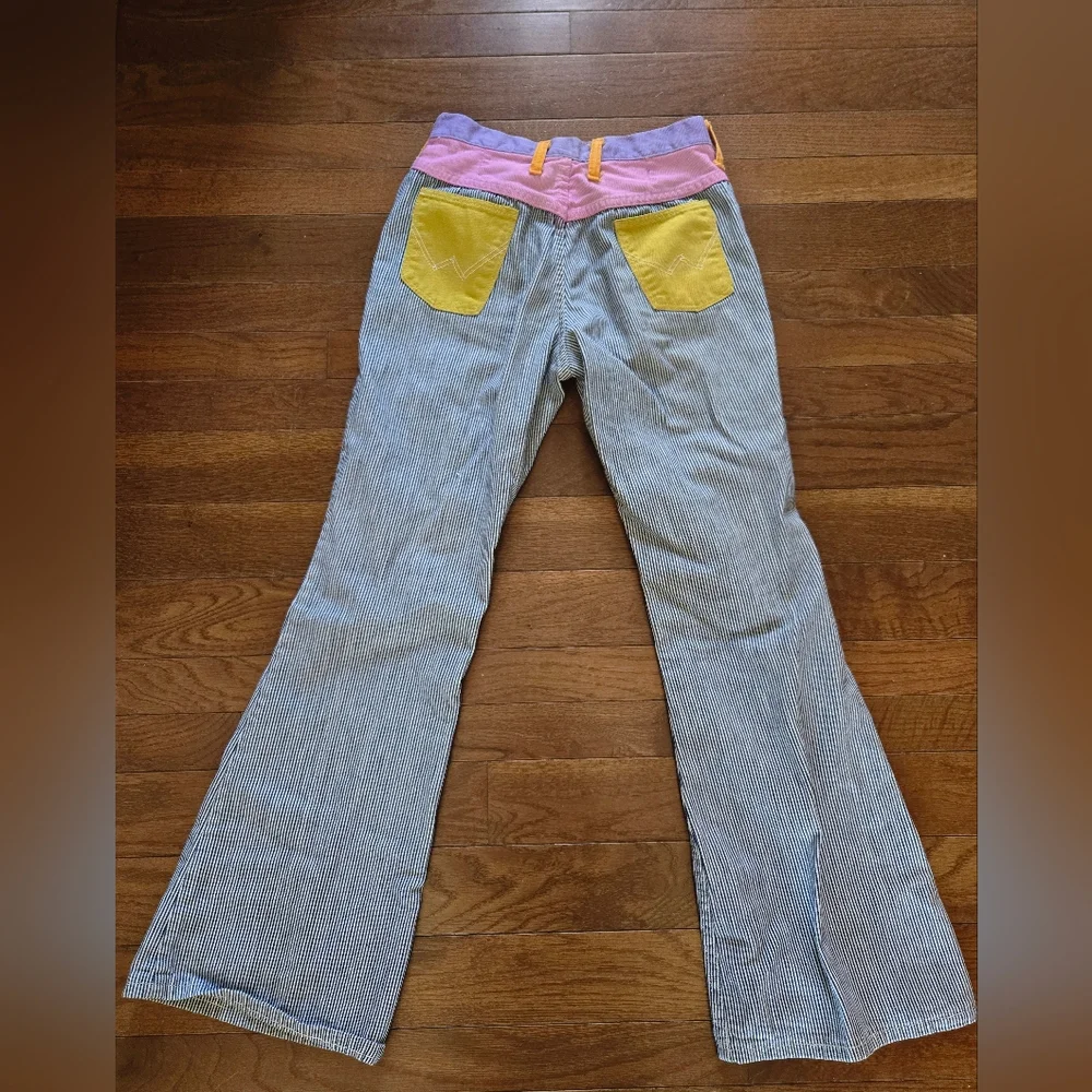 1960s Wranglers Colorblock Flare 26" Waist Women Pinstripe Denim Mod Retro Vtg - Picture 4 of 12
